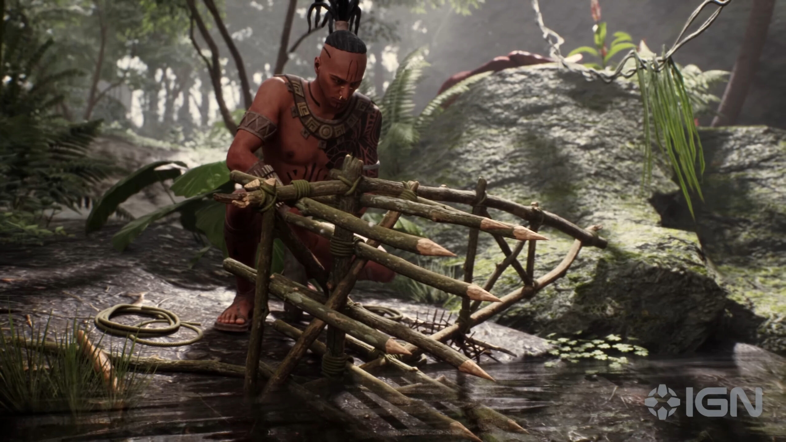 An Aztec Warrior fashions a trap in Ecumene Aztec (2025), Ecuemene Games