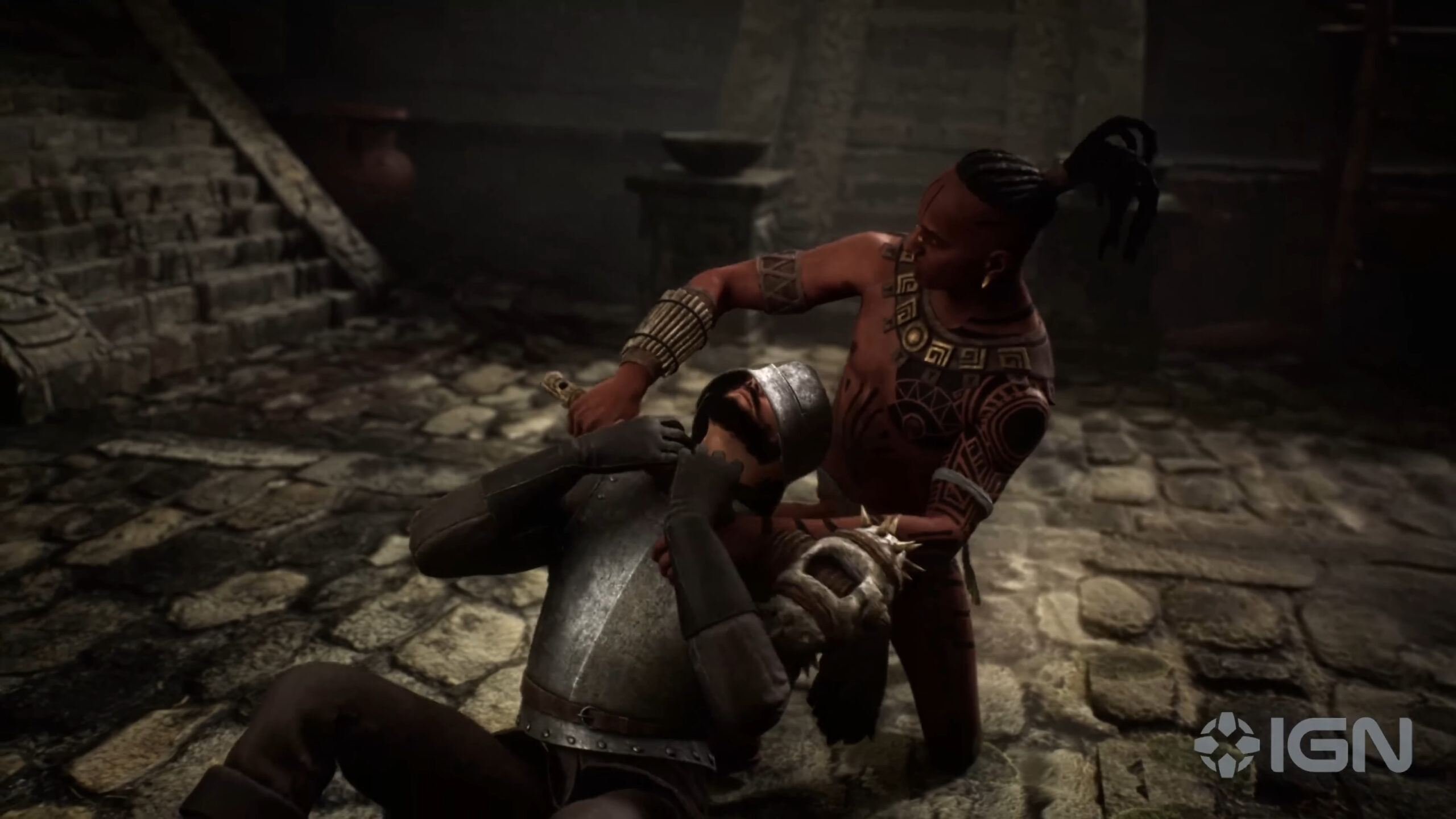 An Aztec Warrior chokes out a Spanish Conquistador in Ecumene Aztec (2025), Ecuemene Games