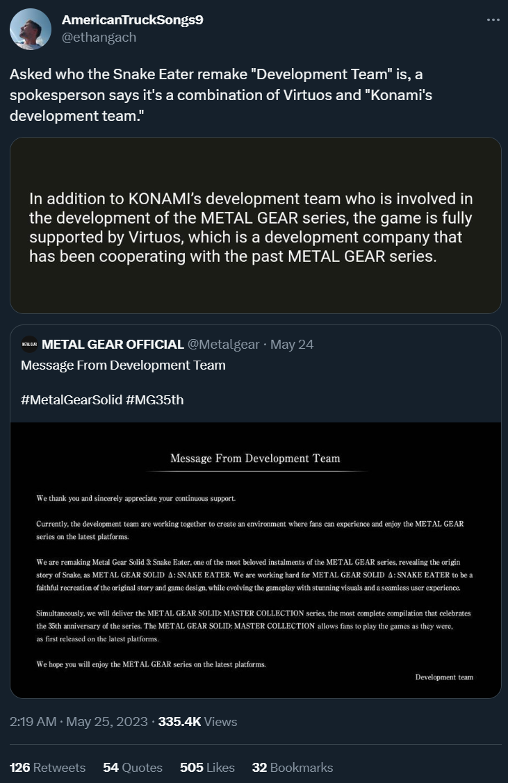 Ethan Gach adds Konami's statement on Virtuos' involvement with Metal Gear Solid Δ: Snake Eater