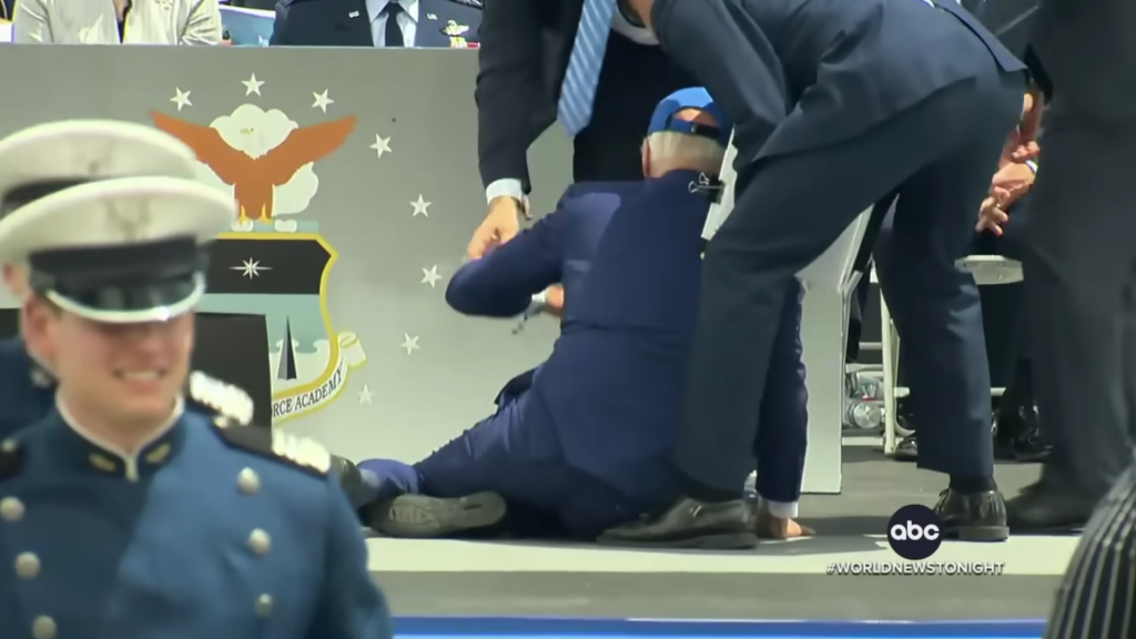 Biden falls on stage at US Air Force Academy commencement via ABC News, YouTube