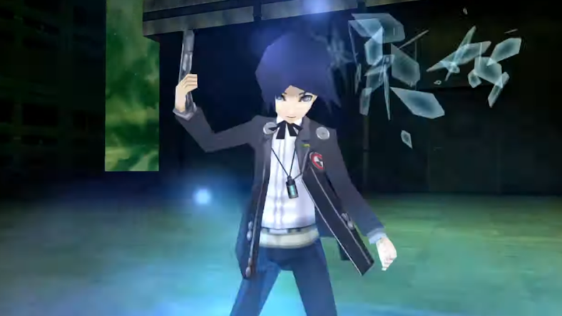 The male protagonist, Makoto Yuki, "shoots" himself in the head with an Evoker, causing glass-like shards to be ejected out of the other side via Persona 3 Portable (2023), Sega