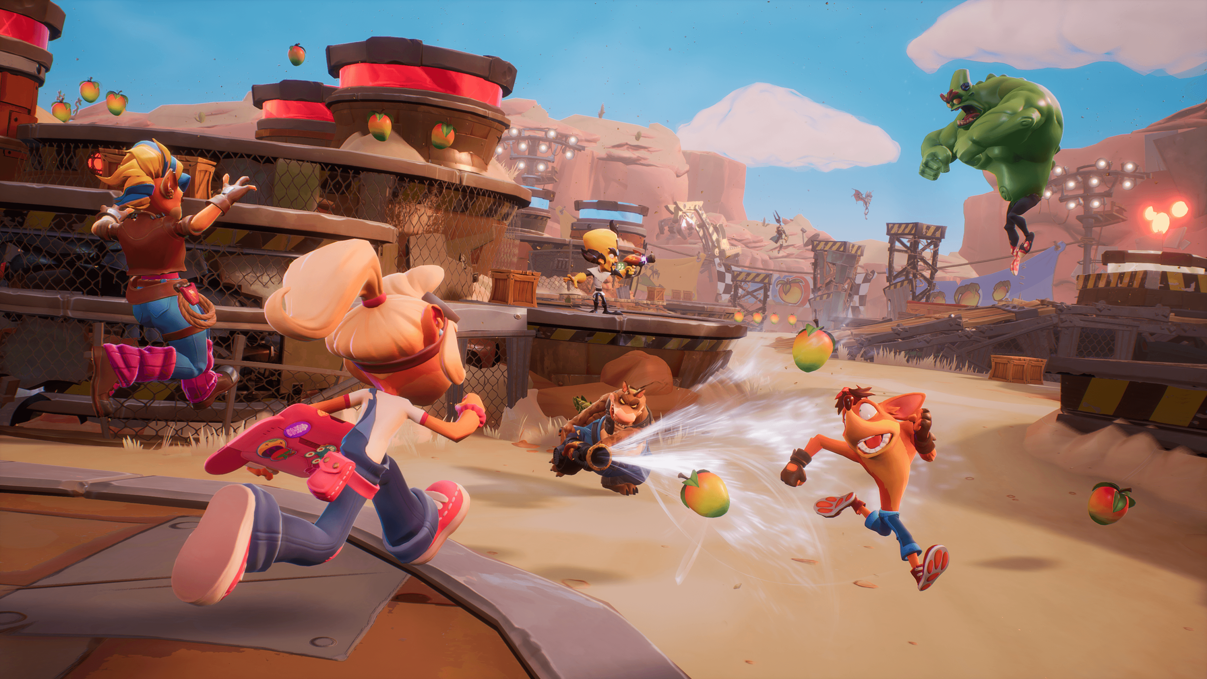 Crash, Coco, Tanya, Neo Cortex, Dingodile, and N.Brio fight over Wumpa Fruit in Crash Team Rumble (2023), Activision