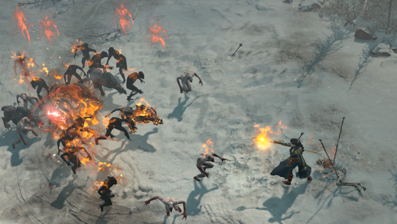 The player sets ghouls alight in the snow in Diablo IV (2023), Blizzard Entertainment