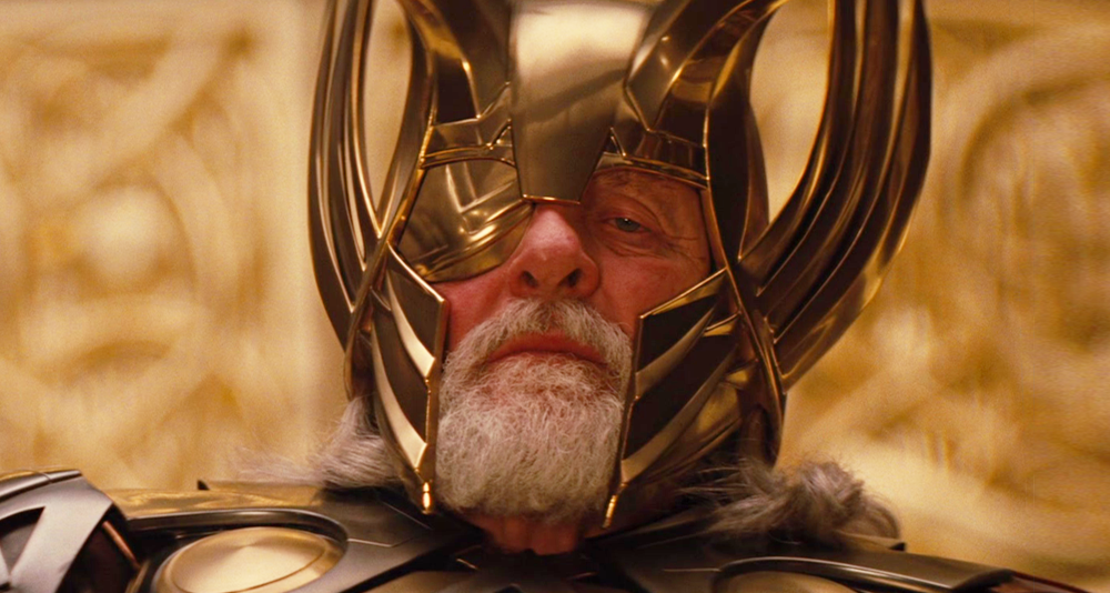 Odin (Anthony Hopkins) presides over Asgard in Thor (2011), Marvel Entertainment