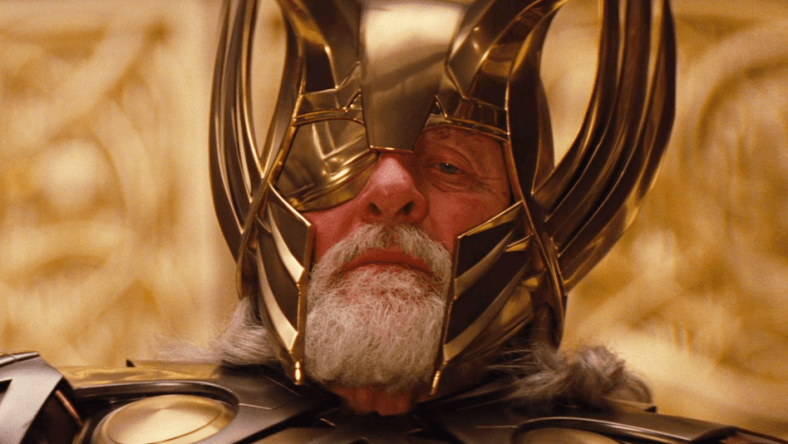 Odin (Anthony Hopkins) presides over Asgard in Thor (2011), Marvel Entertainment