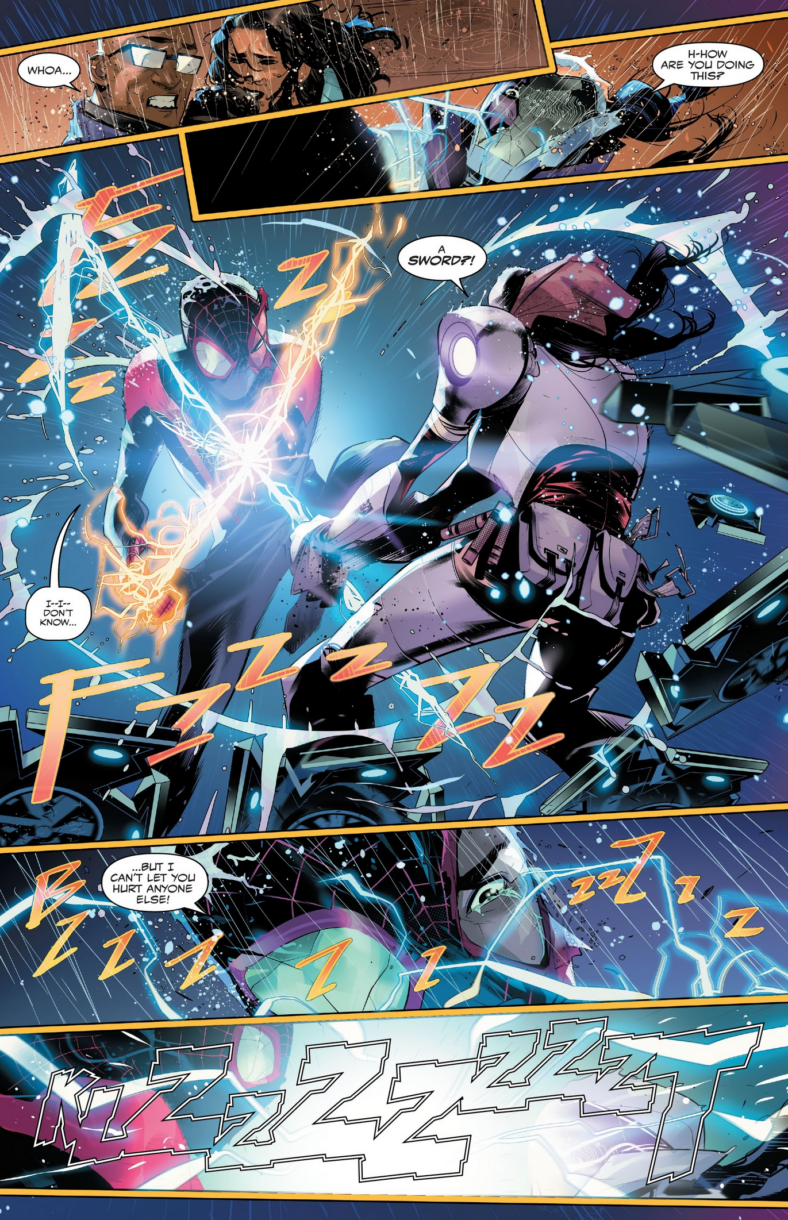 Miles Morales inexplicably gets a new power in Spider-Man: Miles Morales Vol. 2 #5 "Trial by Spider - Part Five" (2023), Marvel Comics. Words by Cody Ziglar, art by Federico Vicentini, Bryan Valenza, and Cory Petit.
