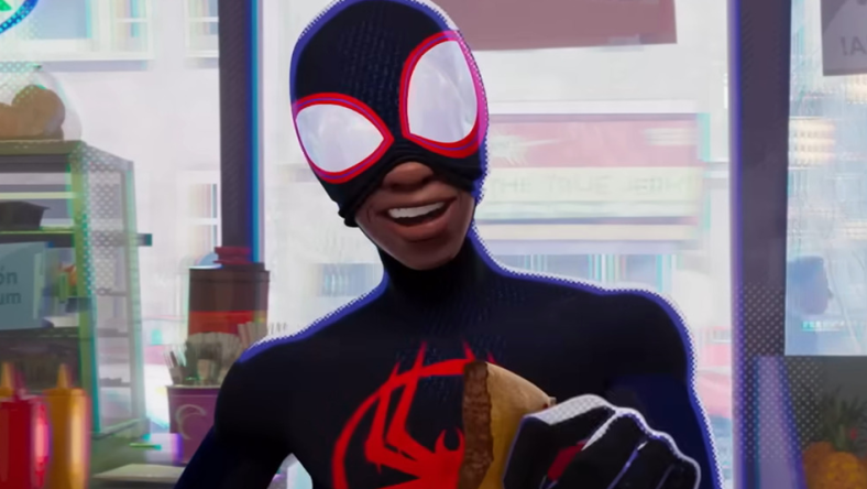 Miles Morales (Shamiek Moore) enjoys a snack while confronting The Spot (Jason Schwartzman) in Spider-Man: Across the Spider-Verse (2023), Sony Animation