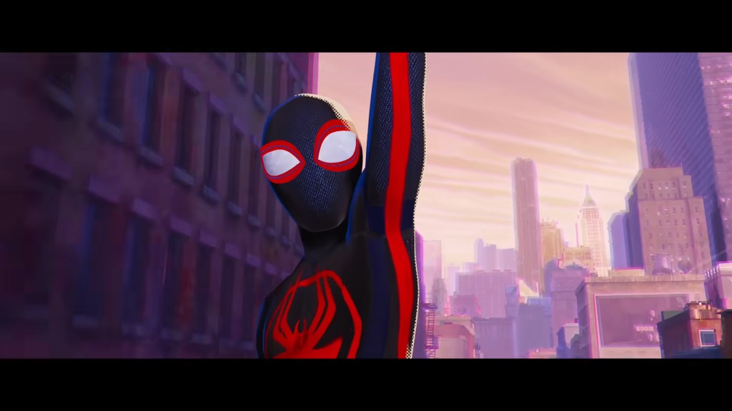 Miles Morales (Shamiek Moore) plays follow-the-leader with Gwen Stacy (Hailee Steinfeld) in Spider-Man: Across the Spider-Verse (2023), Sony Animation