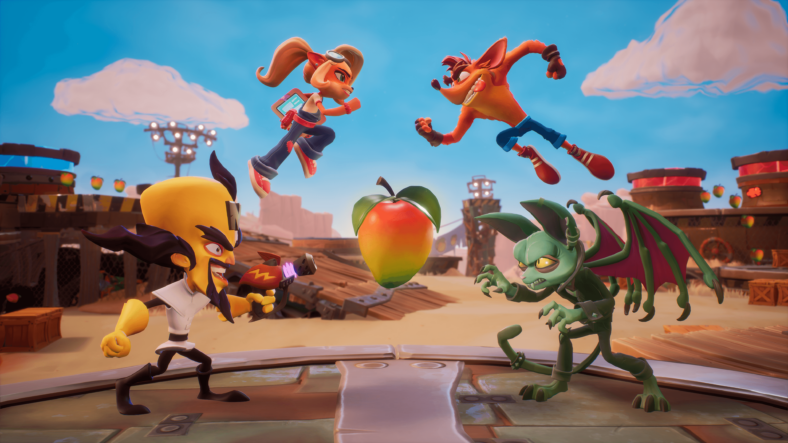 Coco (Eden Riegel), Crash Bandicoot (Scott Whyte), Dr. Cortex (Lex Lang), and Catbat (Erika Ishii), face off in Crash Team Rumble (2023), Activision