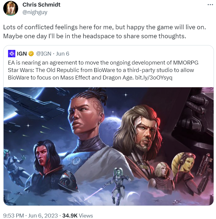 Archive Link Chris Schmidt reacts to claim Star Wars: The Old Republic will no longer be handled by BioWare via Twitter