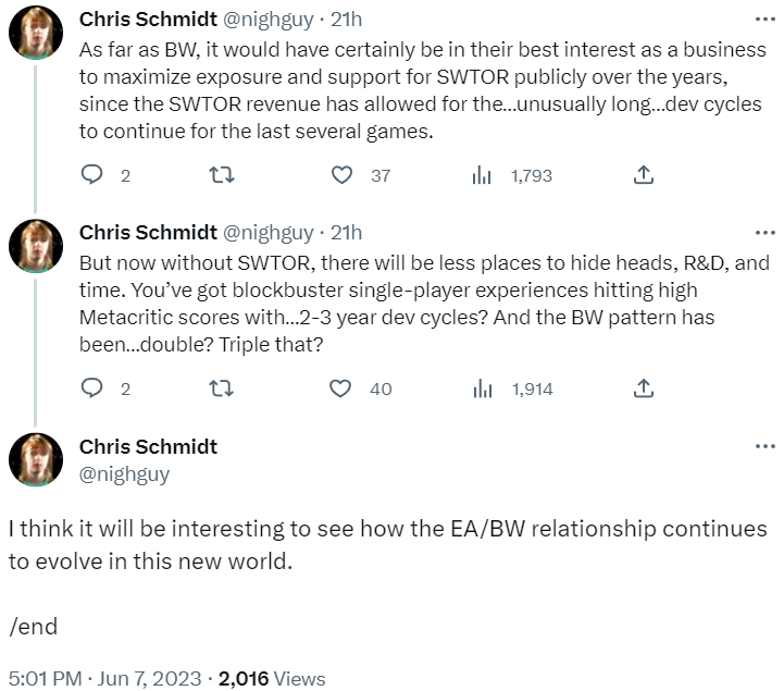 Archive Link Chris Schmidt explains how BioWare may be in trouble without Star Wars: The Old Republic via Twitter