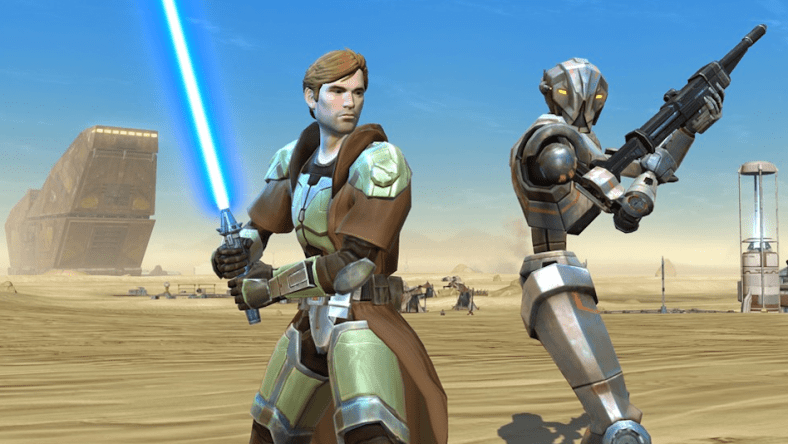 A Jedi player and HK-51 ready for battle in Star Wars: The Old Republic (2011), Electronic Arts