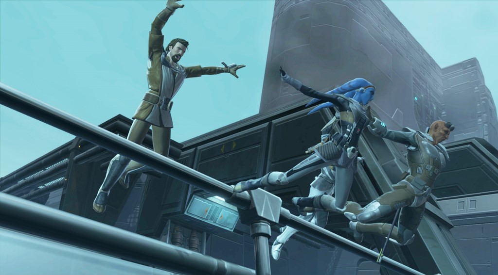 The player, Vette, and Gault abandon ship in Star Wars: The Old Republic (2011), Electronic Arts