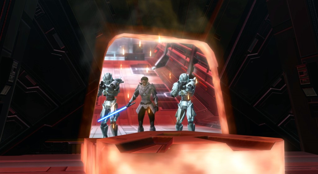 A jedi cuts through a wall with their lightsaber in Star Wars: The Old Republic (2011), Electronic Arts