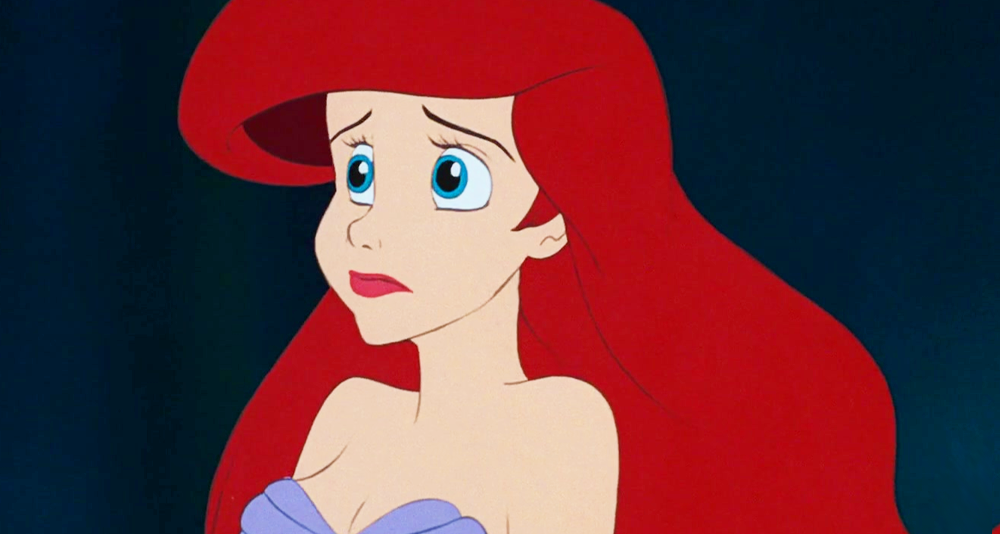 Ariel (Jodi Benson) receives a dressing down from King Triton (Kenneth Mars) in The Little Mermaid (1989), Disney