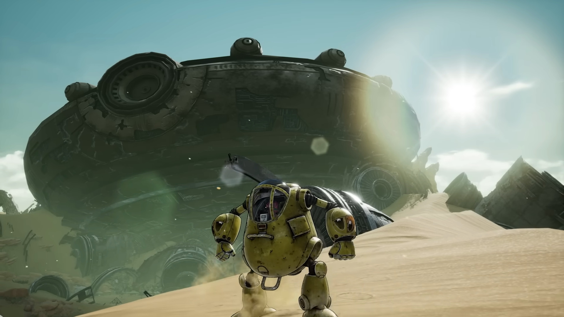 Beezlebub treks across the wastes in a mechanized suit in Sand Land (2023), Bandai Namco