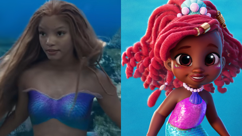 Ariel (Halle Bailey) enjoys a swim in The Little Mermaid (2023), Disney / Key Art for Disney Junior's Ariel (2024), Disney