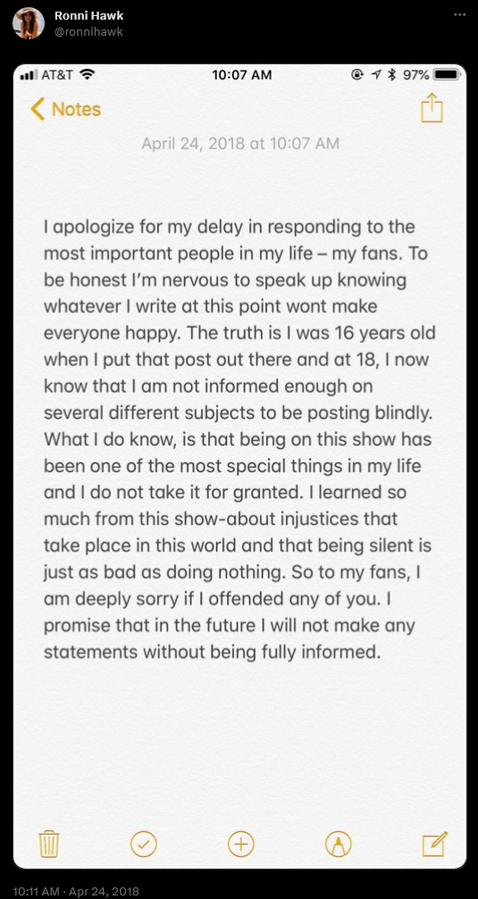 Ronni hawk issues an apology for her past tweets