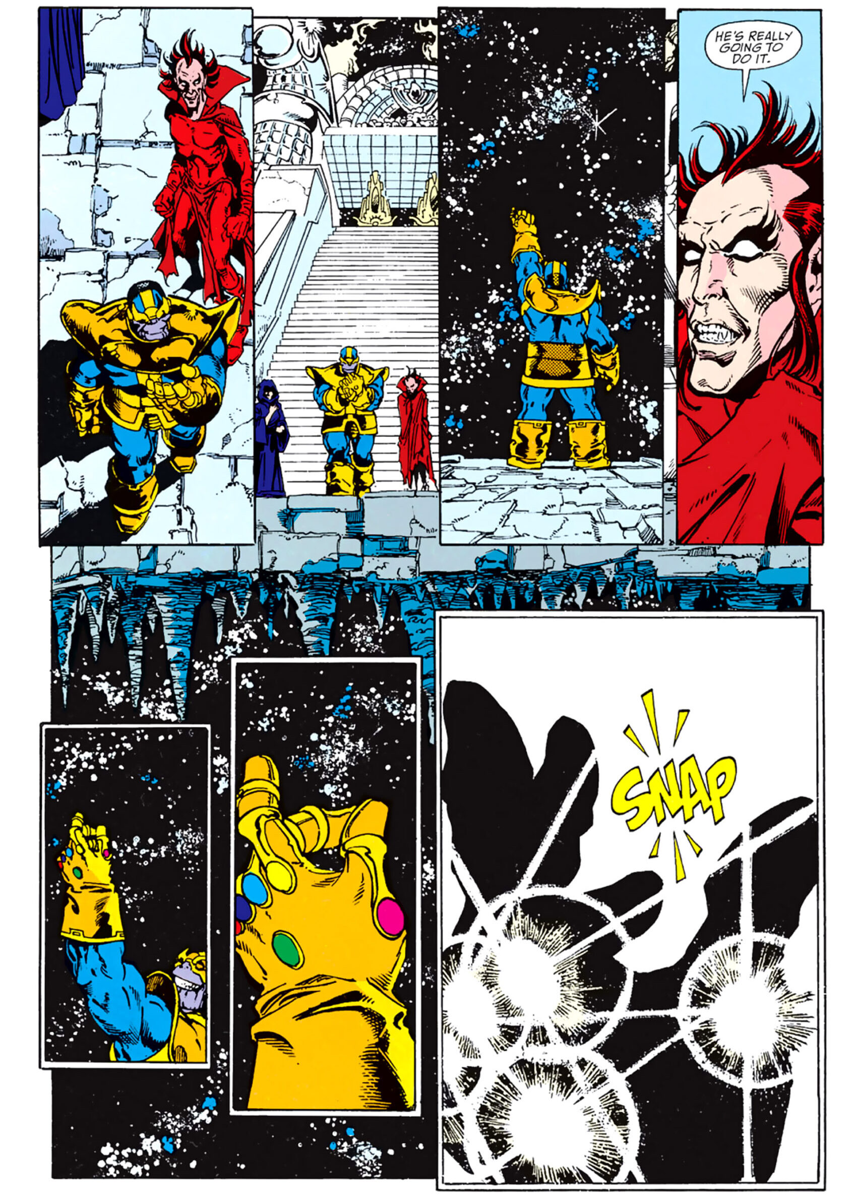 Thanos wipes out half of all life in Infinity Gauntlet Vol. 1 #1 (1991), Marvel Comics. Words by Jim Starlin, art by George Pérez, Josef Rubenstein, Tom Christopher, Max Steele, Ian Laughlin,and Jack Morelli.