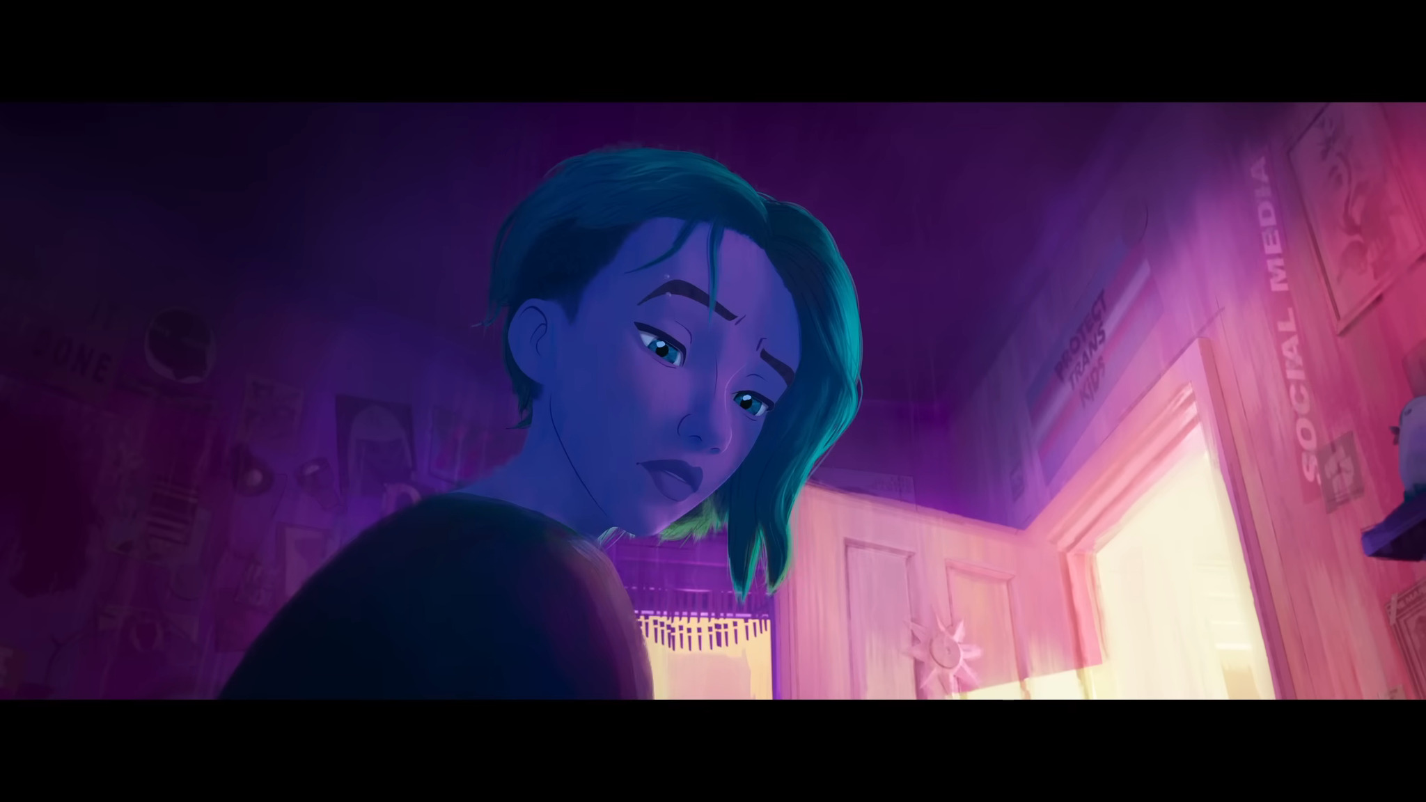 A 'Protect Trans Kids' flag can be seen hanging in the bedroom of Gwen Stacy (Hailee Steinfeld) in Spider-Man: Across The Spider-Verse (2023), Sony Pictures