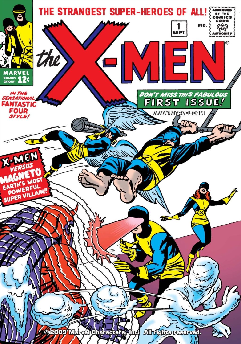 Marvel's Merry Band of Mutants make their debut on Jack Kirby and Sol Brodksy's cover to Uncanny X-Men Vol. 1 #1 "X-Men" (1963), Marvel Comics