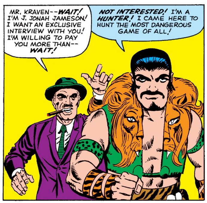 Kraven ignores J.J. Jonah Jameson's bellowing in Amazing Spider-Man Vol. 1 #15 "Kraven the Hunter!" (1964), Marvel Comics. Words by Stan Lee, art by Steve Ditko and Artie Simek.