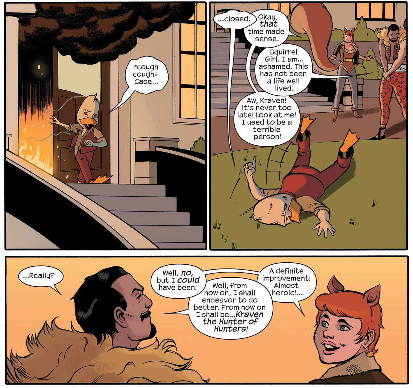 Kraven the Hunter finds a new direction in life in Howard the Duck Vol. 6 #6 "The 2016 Squirrel Girl/Howard the Duck 'Animal House' Crossover Part Two: Fight or Flight or Flightfight!" (2016), Marvel Comics. WOrds by Chip Zdarsky and Ryan North, art by Joe Quinones, Joe Rivera, Marc Deering, Jordan Gibson, and Travis Lanham.