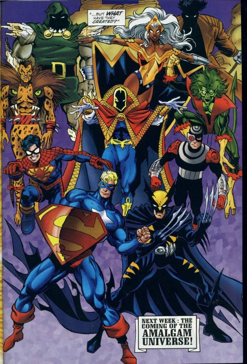 The Amalgam Universe is born in Marvel Versus DC Vol. 1 #3 "Round Three" (1996), Marvel Comics/DC. Words by Ron Marz, art by Dan Jurgens, Claudio Casteliini, Joe Rubinstein, Paul Neary, Gregory Wright, and Bill Oakley.