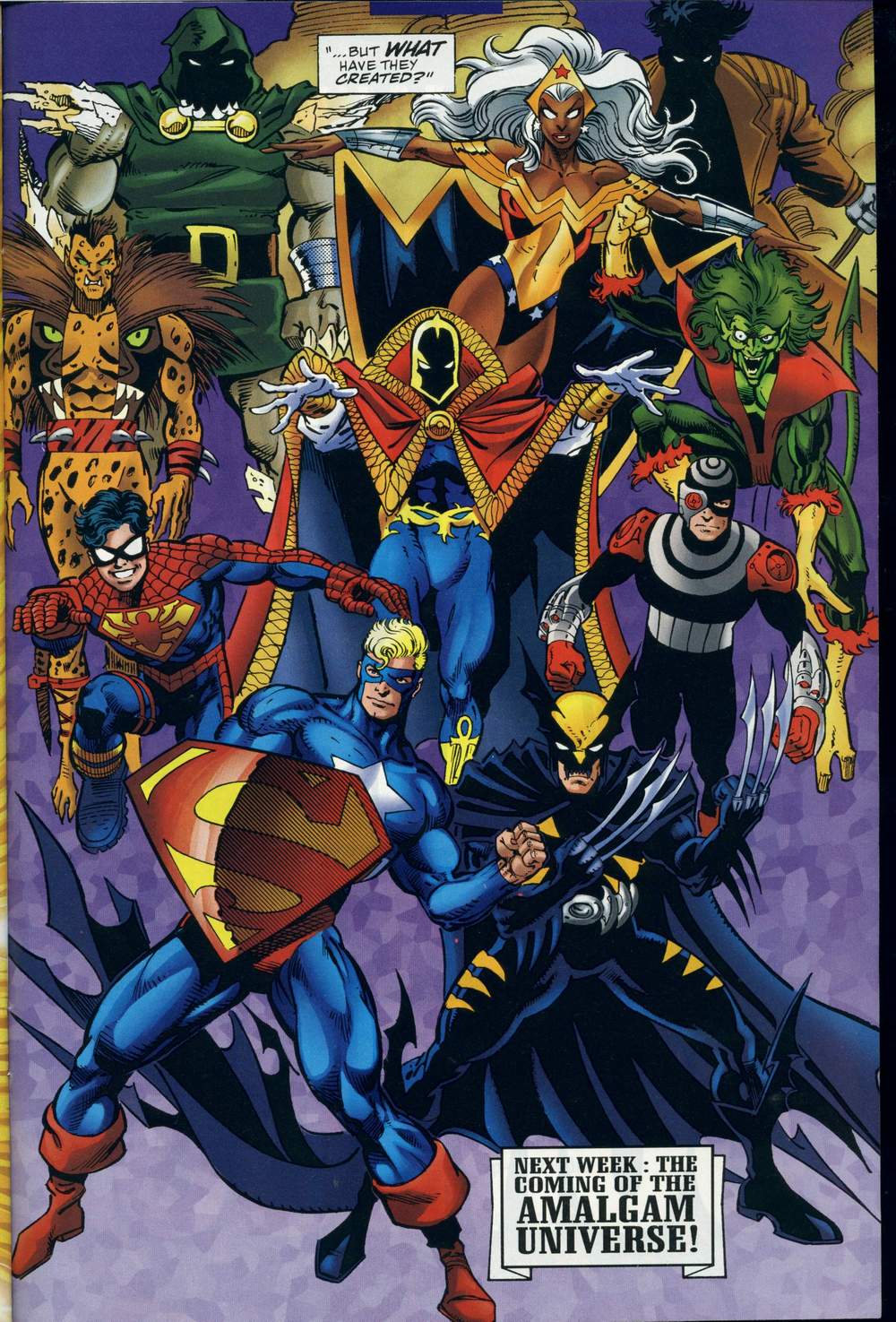 The Amalgam Universe is born in Marvel Versus DC Vol. 1 #3 "Round Three" (1996), Marvel Comics/DC. Words by Ron Marz, art by Dan Jurgens, Claudio Casteliini, Joe Rubinstein, Paul Neary, Gregory Wright, and Bill Oakley.