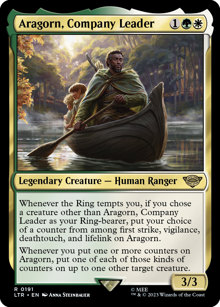Aragorn, Company Leader via Card #191 from Magic: The Gathering - The Lord of the Rings: Tales of Middle-earth Set (2023), Wizards of the Coast. Art by Anna Steinbauer.