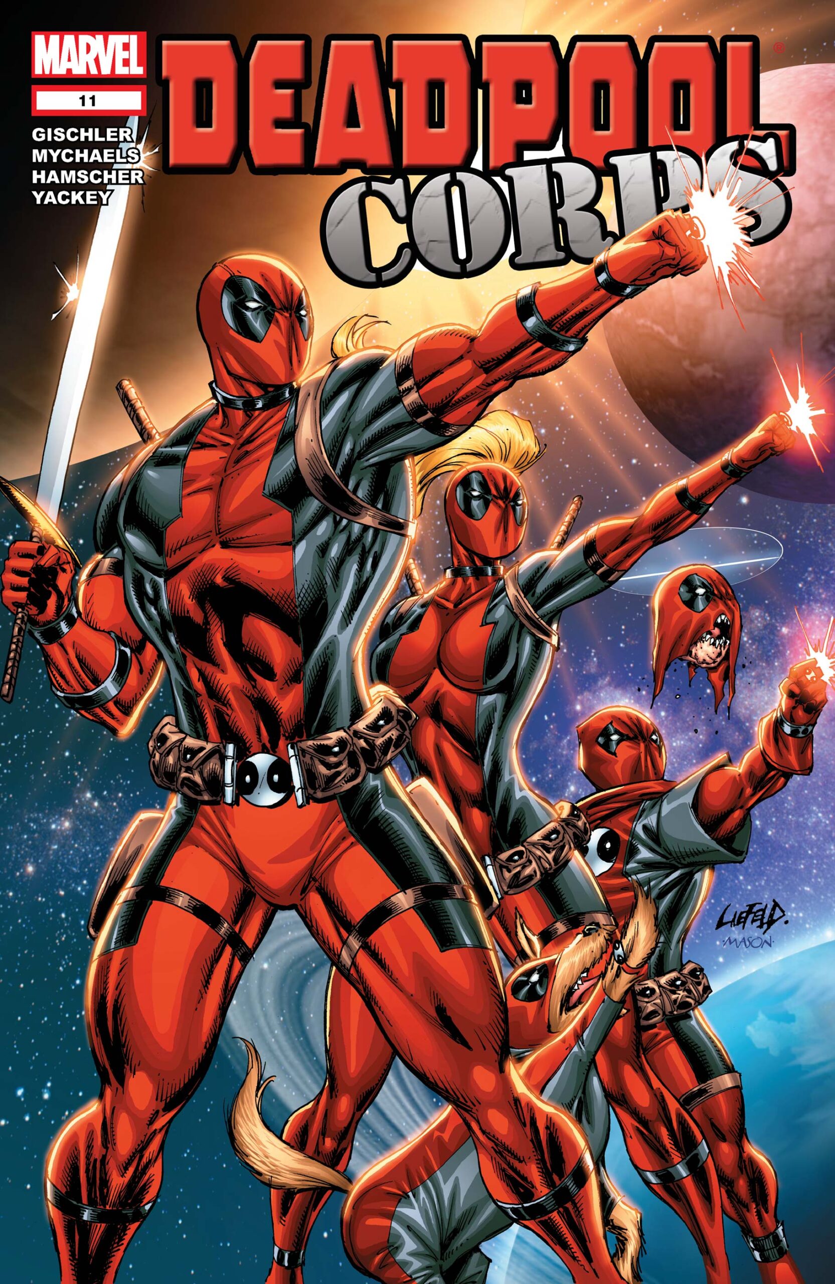 The Deadpool Corps stands assembled on Rob Liefeld and Thomas Mason's cover for Deadpool Corps Vol. 1 #11 (2011), Marvel Comics
