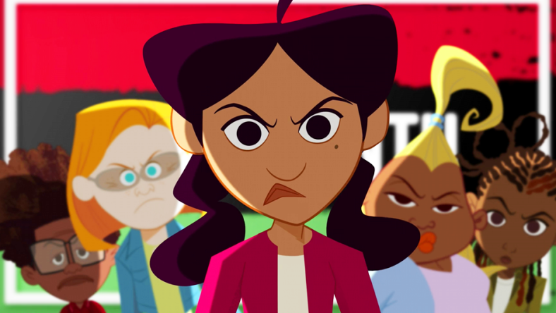 Penny (Kayla Pratt), Zoey (Soleil Moon Frye), Michael (EJ Johnson), Dijonay (Karen Malina White), and Maya (Keke Palmer) are unhappy going another Juneteenth without reparations in The Proud Family: Louder and Prouder Season 2 Episode 3 "Curved" (2023), Disney