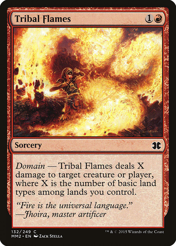 Tribal Flames via Card #132, Magic: The Gathering - Modern Masters (2015), Wizards of the Coast. Art by Zack Stella.