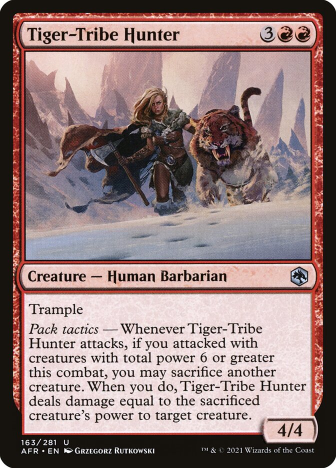 Tiger-Tribe Hunter via Card #163, Magic: The Gathering - Adventures in the Forgotten Realms (2021), Wizards of the Coast. Art by Grzegorz Rutkowski.