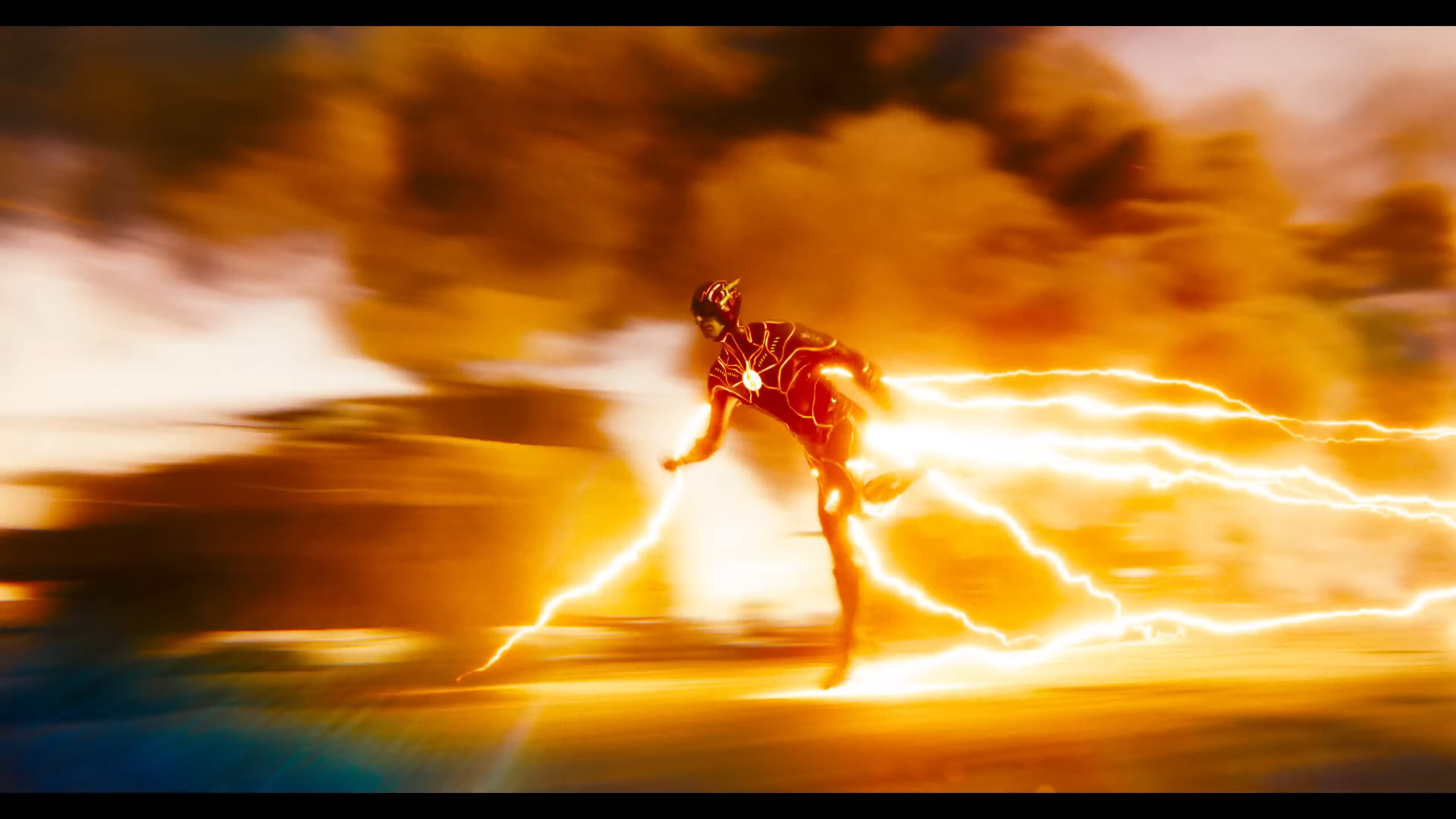 Barry Allen (Ezra Miller) glides across the battlefield in The Flash (2023), Warner Bros. Pictures