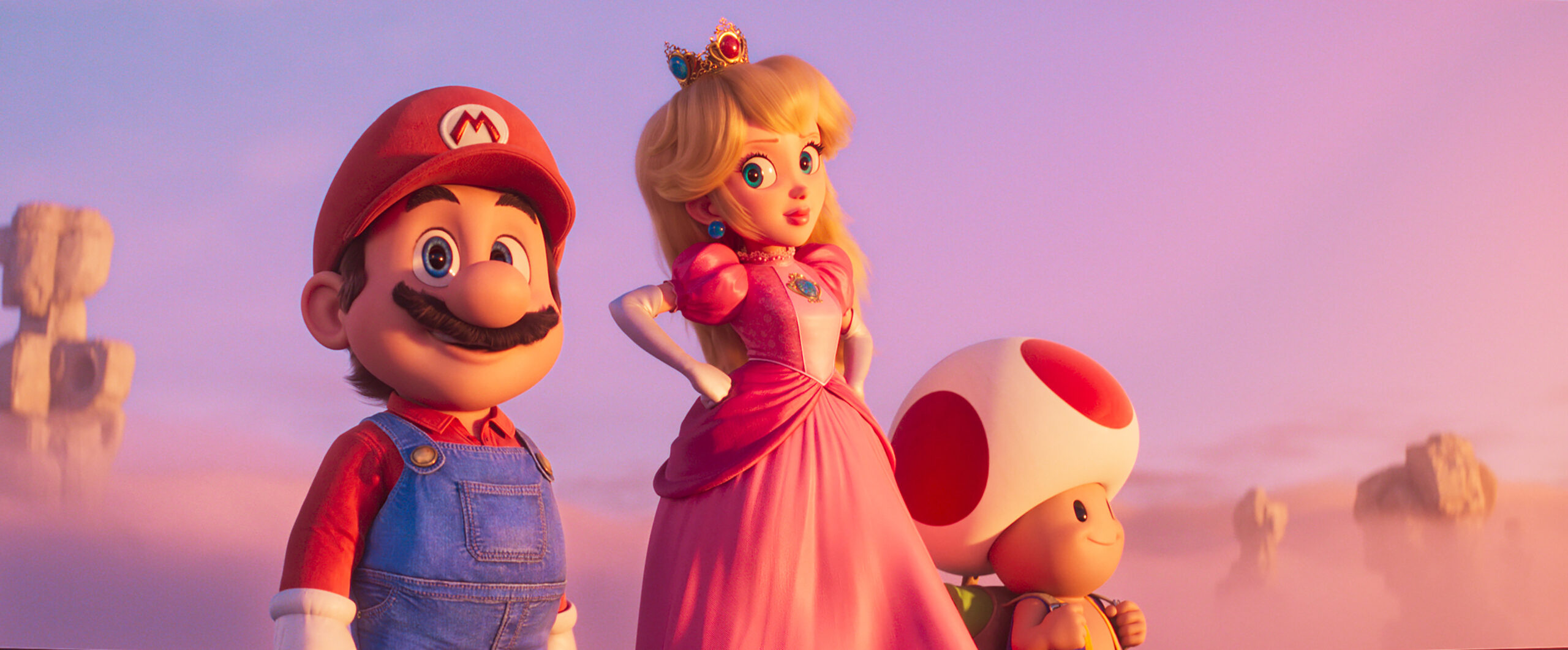 (da esquerda) Mario (Chris Pratt), Princesa Peach (Anya Taylor-Joy) e Toad (Keegan-Michael Key) no filme The Super Mario Bros. da Nintendo e da Illumination, dirigido por Aaron Horvath e Michael Jelenic.