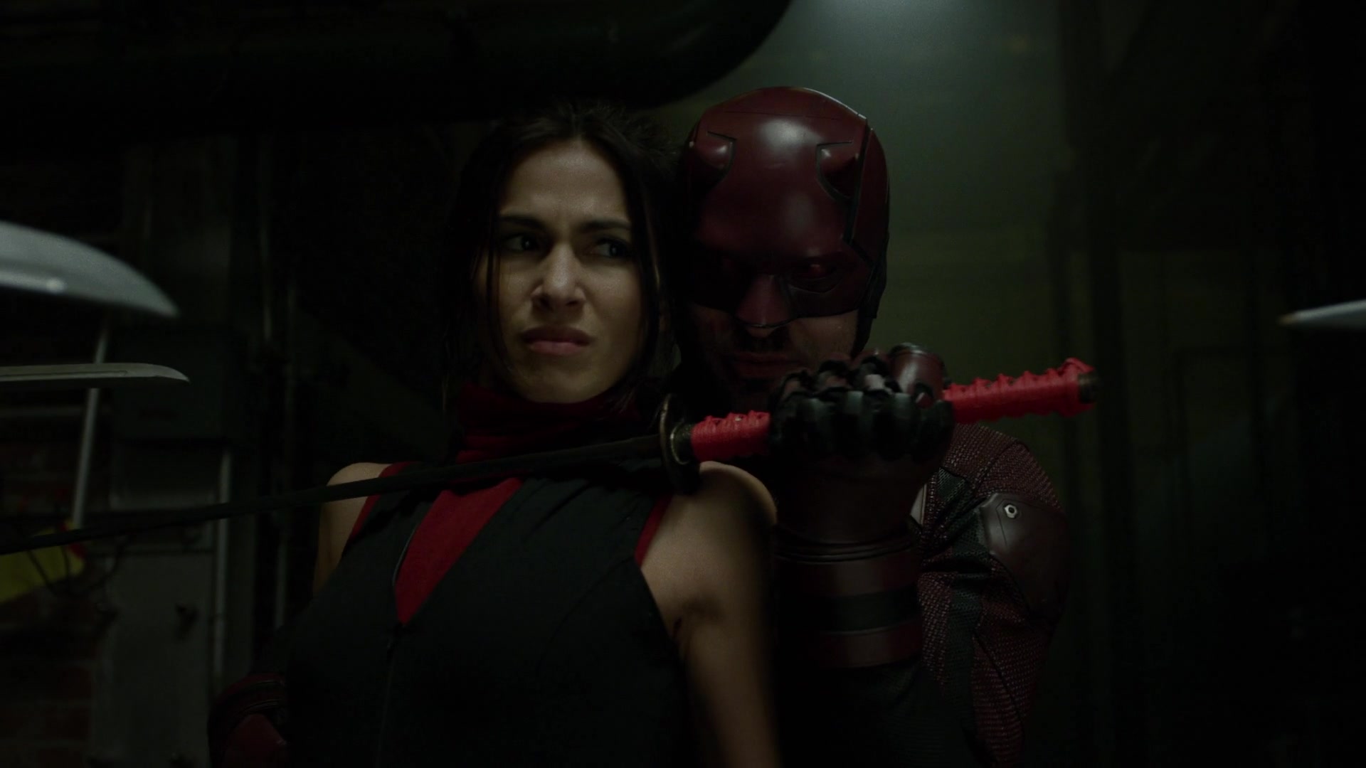 Daredevil (Charlie Cox) turns the tables on Elektra (Élodie Yung) in Daredevil Season 2 Episode 12 "The Dark at the End of the Tunnel" (2015), Marvel Entertainment