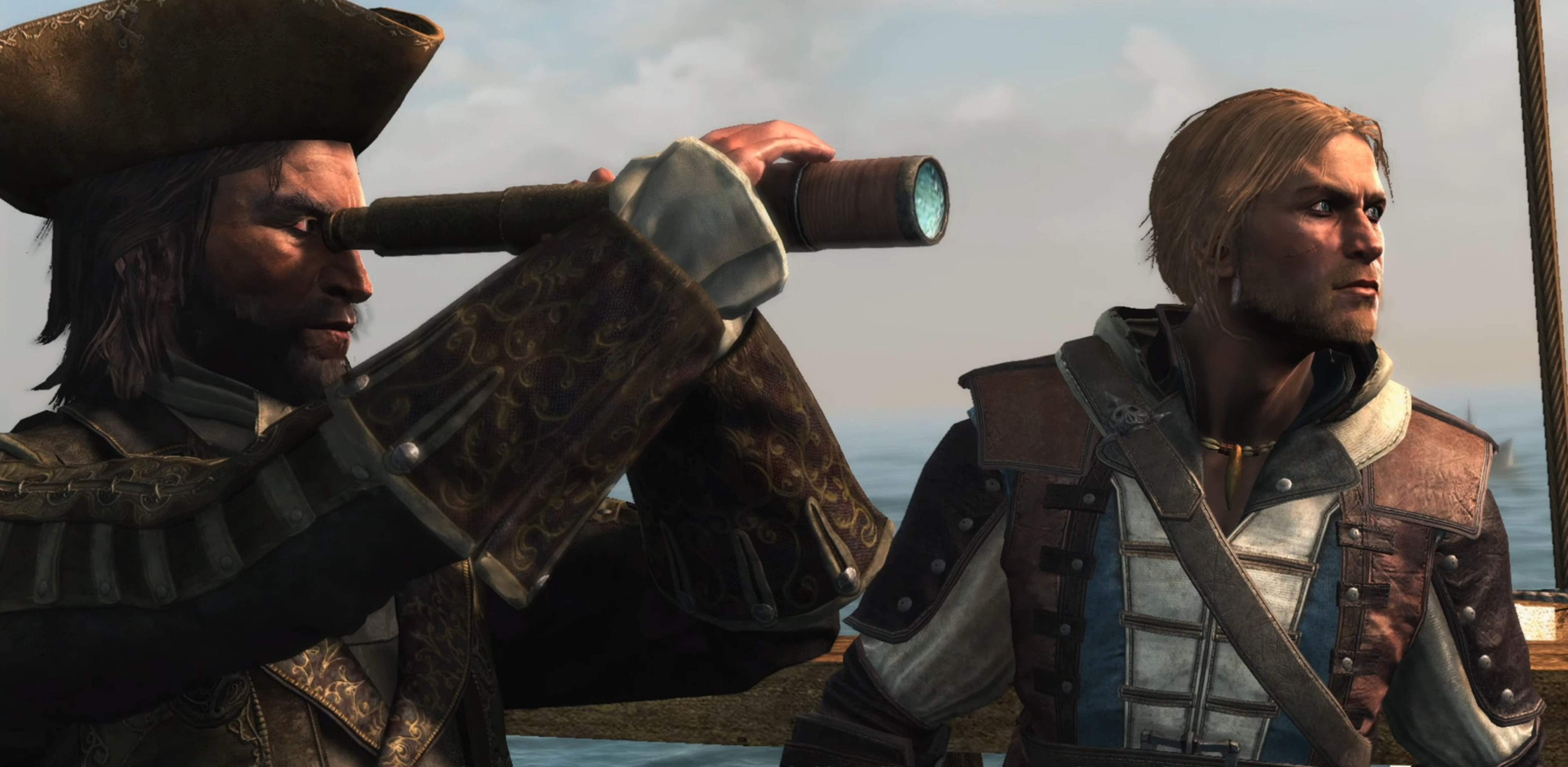 Edward (Matt Ryan) and Blackbeard (Mark Bonnar) set a plan of attack against Julien du Casse in Assassin's Creed IV: Black Flag (2013), Ubisoft