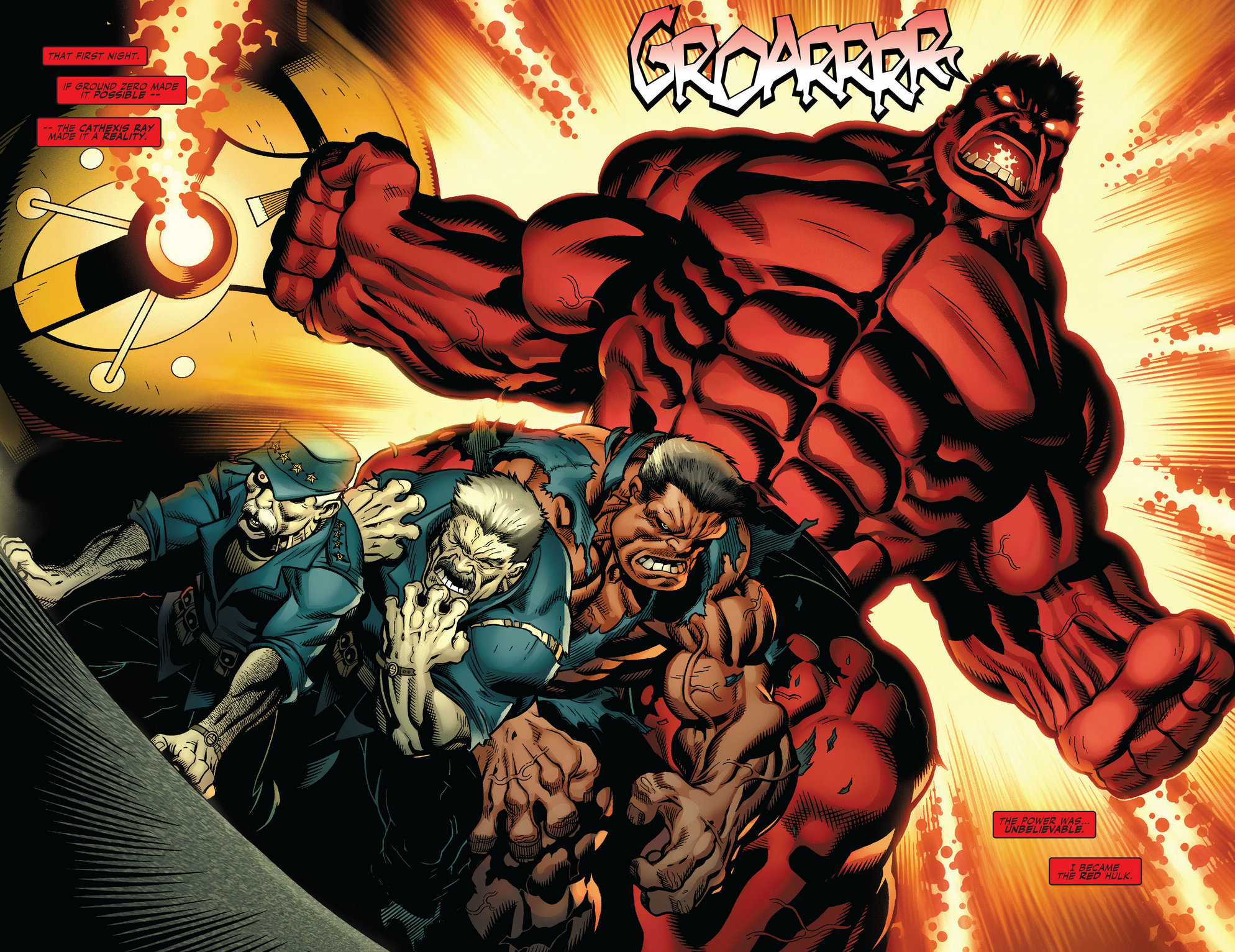 The Red Hulk is revealed in Hulk Vol. 2 #23 "Who is the Red Hulk?" (2010), Marvel Comics. Words by Jeff Parker, art by Ed McGuinness, Mark Farmer, Dave Stewart, and Richard Starkings.