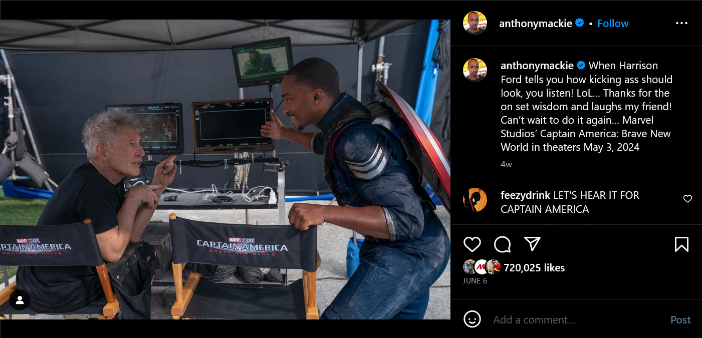Anthony Mackie shares a photo of himself and Harrison Ford on the set of 'Captain America: Brave New World' via Instagram