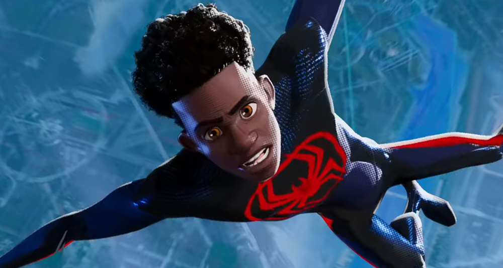 Miles Morales (Shamiek Moore) finds himself in freefall in Spider-Man: Across The Spider-verse (2023), Sony Animation
