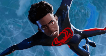 Miles Morales (Shamiek Moore) finds himself in freefall in Spider-Man: Across The Spider-verse (2023), Sony Animation