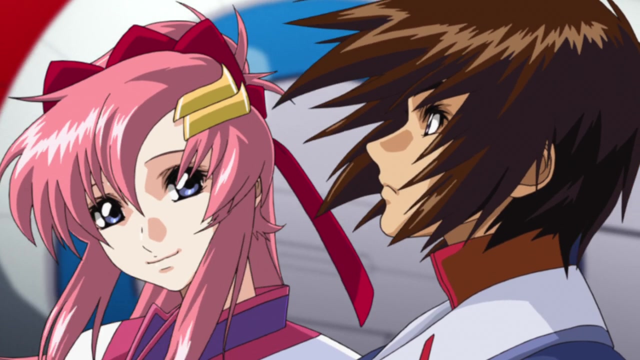 Lacus Clyne (Rie Tanaka) and Kira Yamamoto (Soichiro Hoshi) brace themselves for what lies ahead in Mobile Suit Gundam SEED Destiny Episode 50 "The Final Power" (2005), Sunrise