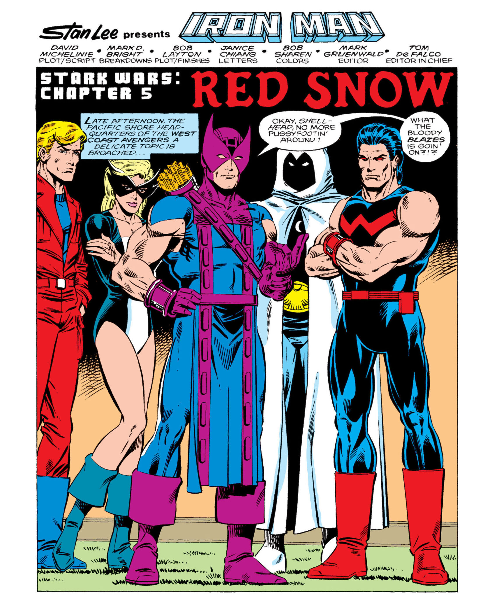 The Avengers have words with Tony Stark in Iron Man Vol. 1 #229 "Stark Wars, Chapter V: Red Snow" (1987), Marvel Comics. Words by David Michelinie, and Bob Layton, art by Mark Bright, Bob Layton, Bob Sharen, and Janice Chiang.