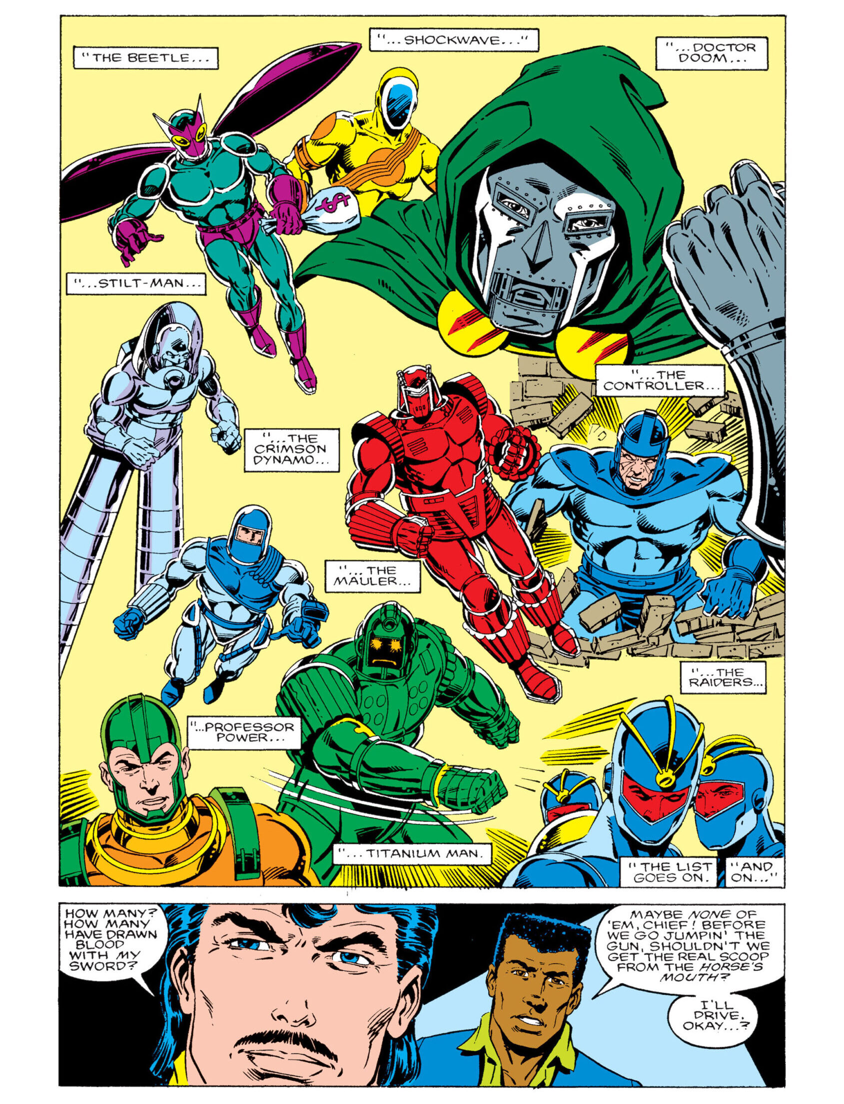 The Avengers have words with Tony Stark in Iron Man Vol. 1 #225 "Stark Wars, Chapter I" (1987), Marvel Comics. Words by David Michelinie, and Bob Layton, art by Mark Bright, Bob Layton, Bob Sharen, and Janice Chiang.