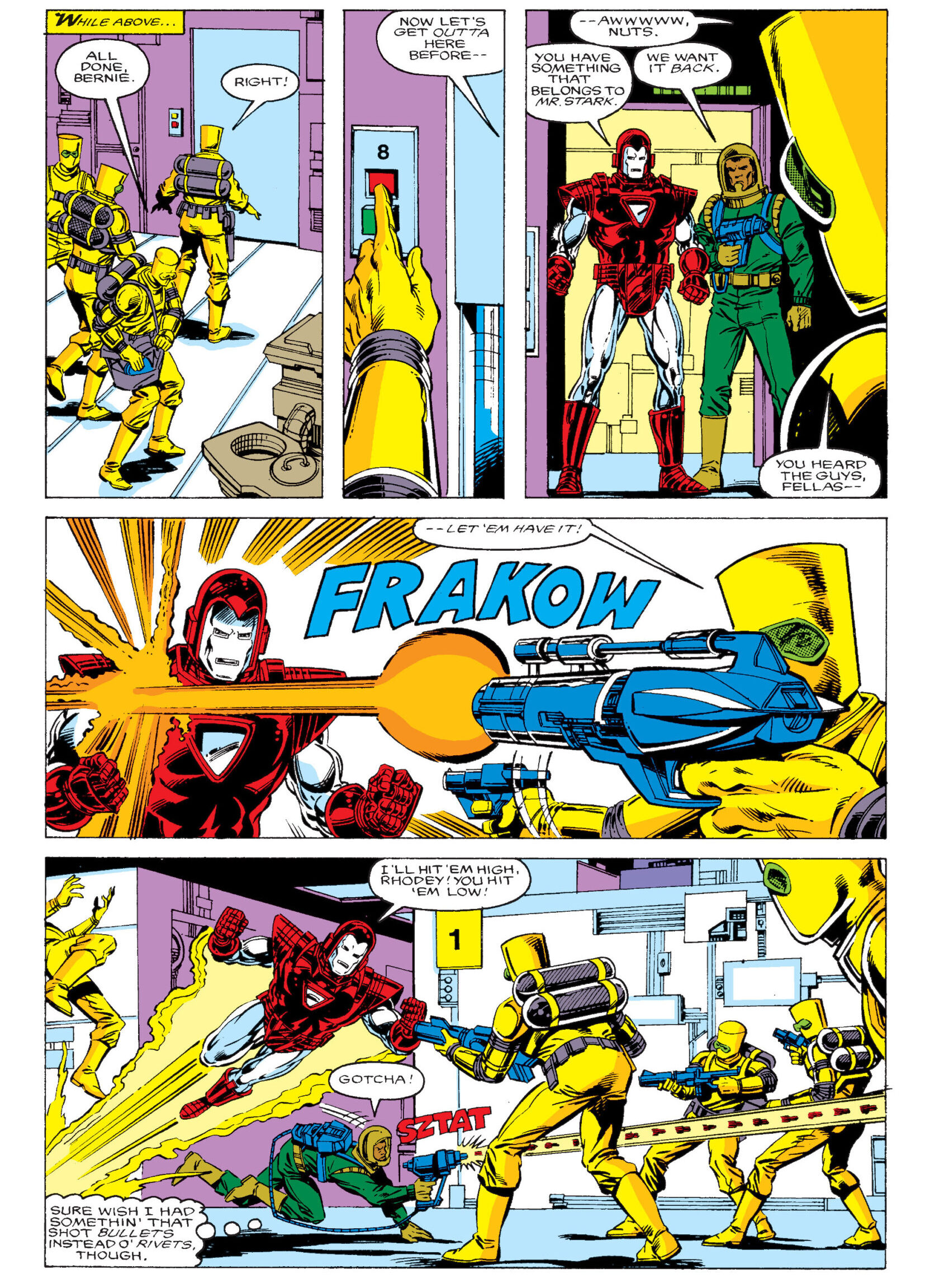 Justin Hammer taunts Tony Stark in Iron Man Vol. 1 #218 "Deep Trouble!" (1987), Marvel Comics. Words by David Michelinie, and Bob Layton, art by Mark Bright, Bob Layton, Bob Sharen, and Janice Chiang.