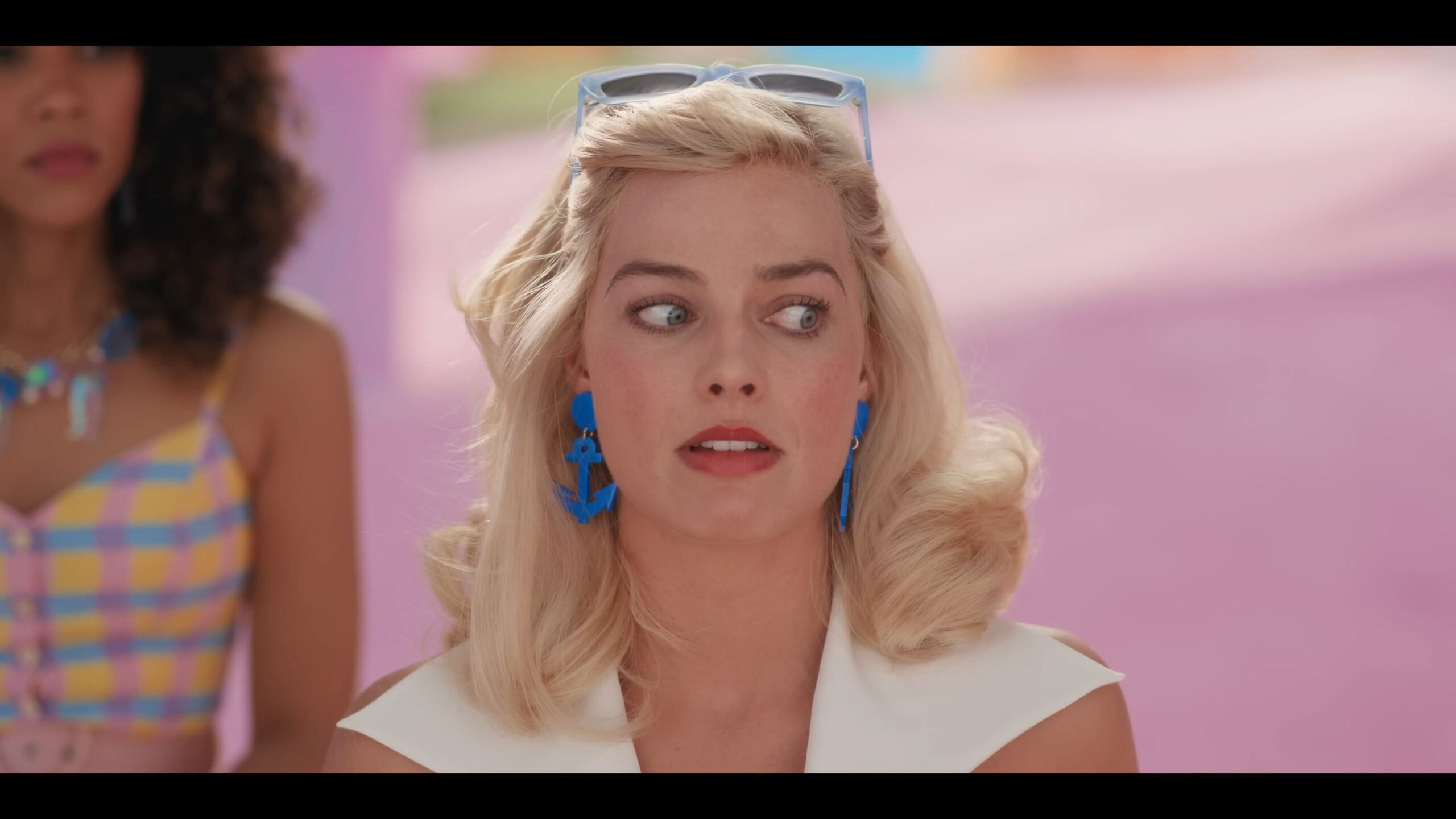 Barbie (Margot Robbie) prepares to admit a shocking secret in Barbie (2023), Warner Bros. Pictures