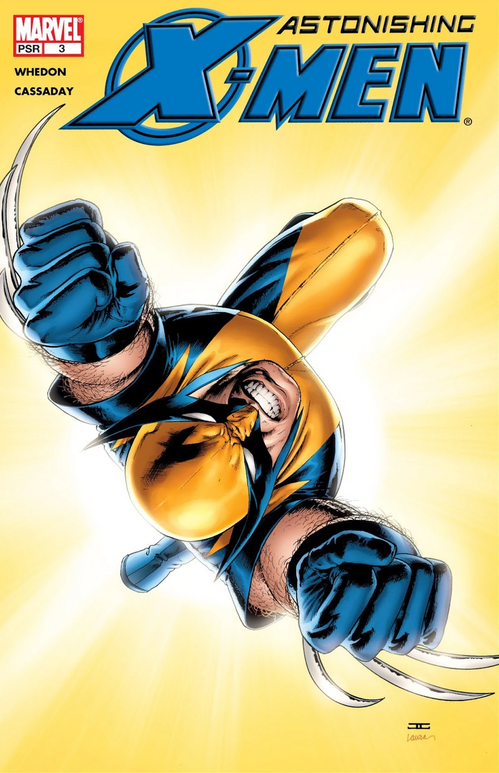 Wolverine lunges forward on John Cassaday and Laura Martin's cover to Astonishing X-Men Vol. 3 #3 "Gifted (Part 3) (2004), Marvel Comics