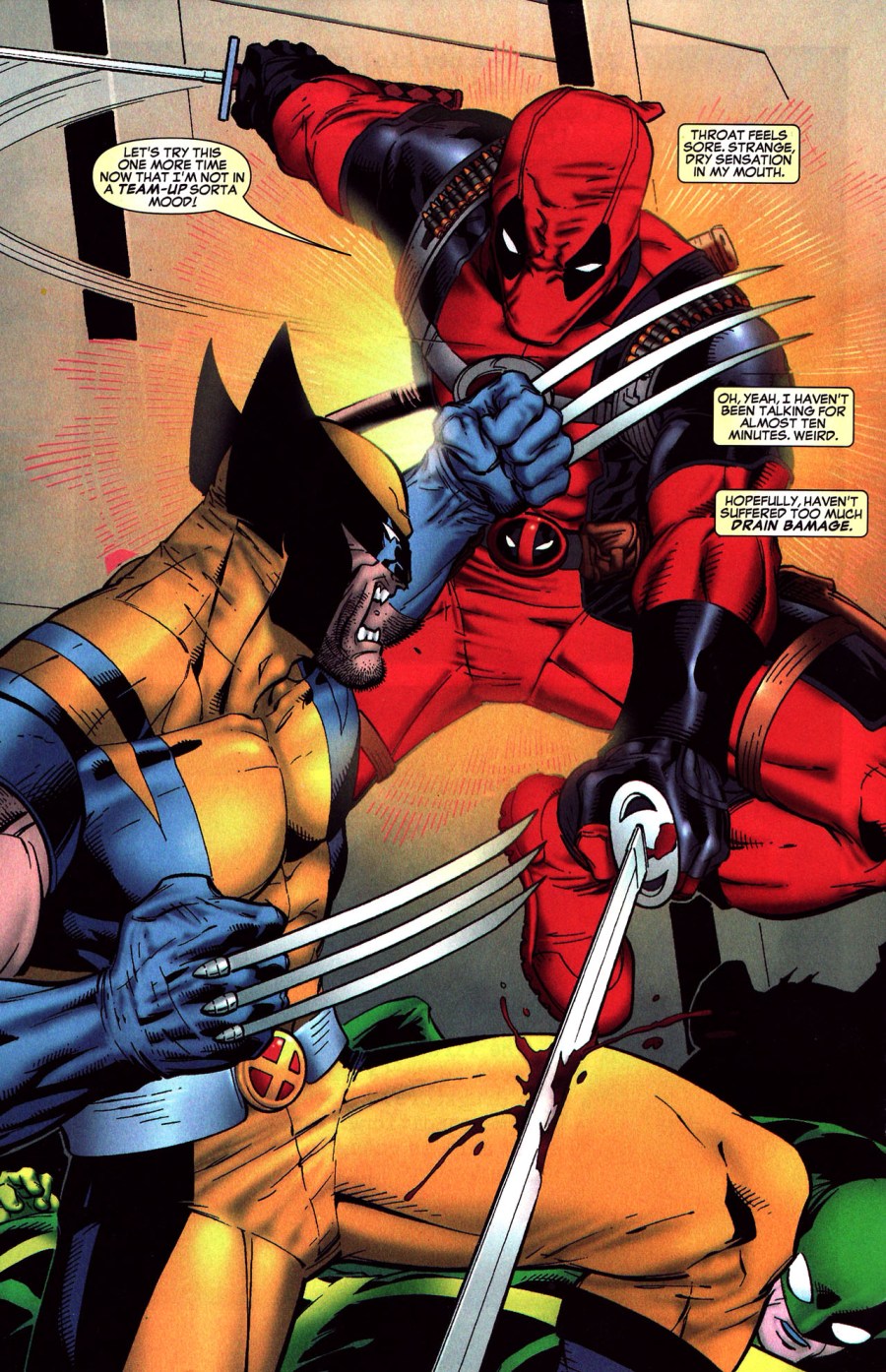 Wolverine and Deadpool come to blows in Cable & Deadpool Vol. 1 #44 "Head Games" (2007), Marvel Comics. Words by Fabian Nicieza, art by Ron Lim, Jeremy Freeman, John Dell, Gotham, Sotocolor, and Dave Sharpe.