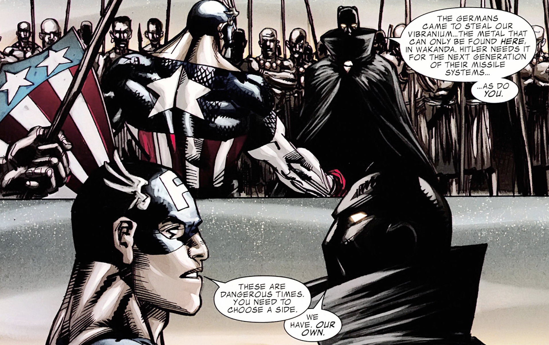 Captain America makes a plea to the King of Wakanda in Black Panther/Captain America: Flags of Our Fathers Vol. 1 #1 "Part I" (2010), Marvel Comics. WOrds by Reginald Hudlin, art by Denys Cowan, Klaus Janson, Pete Pantazis, and Joe Sabino.